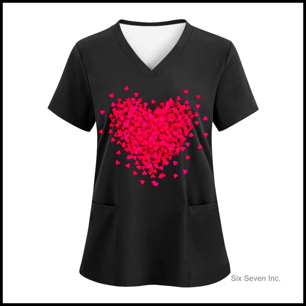 V-Neck Print Scrub Top Short Sleeve Stretchy Nurse Uniform with Pockets